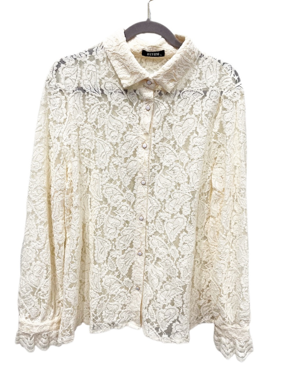 Coquette Lace Top SIze XL Cream Sheer Button Front Pearlcore Cottagecore Dainty